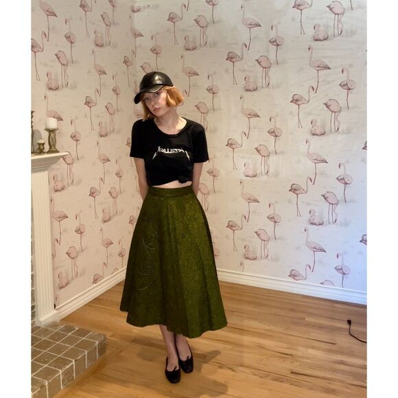 Vintage Handmade 1950s Style Forest Green Wool A-Line Skirt w/ Embroidery Detail - Picture 5 of 7